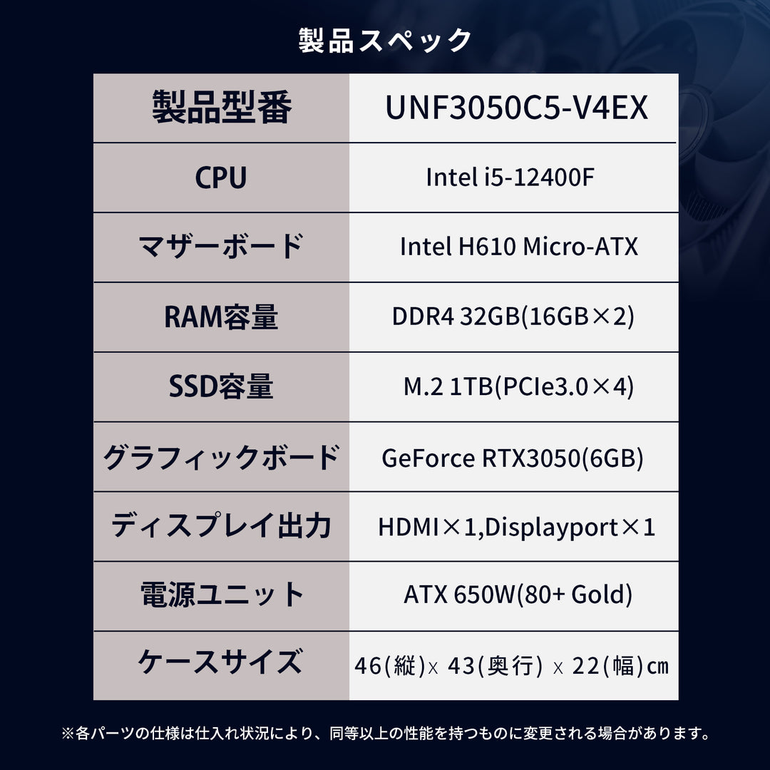 UNF3050C5-V4EX(i5-12400F/32GB/RTX3050/M.2 1TB/Windows11 Home)